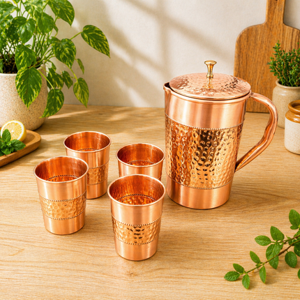 Copper Hammered Design Jug with Four Glass Set (8.8 Inch)