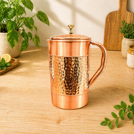 Copper Hammered Design Jug with Four Glass Set (8.8 Inch)