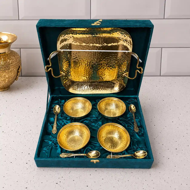 Brass Hammered Serving Tray / Platter With Bowl and Spoon Set With Velvet Box