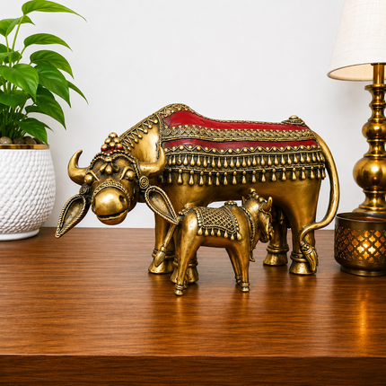 Brass Dhokra Kamdhenu Cow with Calf Statue (7 Inch)