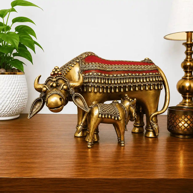 Brass Dhokra Kamdhenu Cow with Calf Statue (7 Inch)
