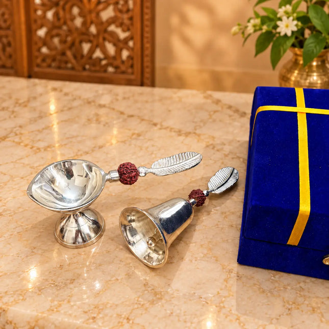 Brass Silver Plated Rudraksh Handbell and Aarti Diya Set With Velvet box