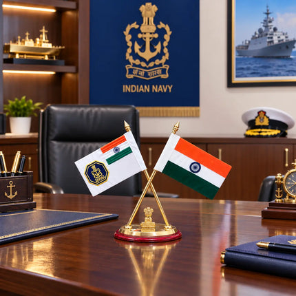 Brass National With Indian Army, Navy & Air Force Flags With Stand (12 Inch)