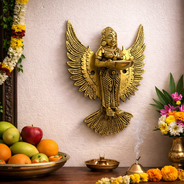Brass Standing Deep Lakshmi Wall Hanging Idol With Wings (8 Inch)