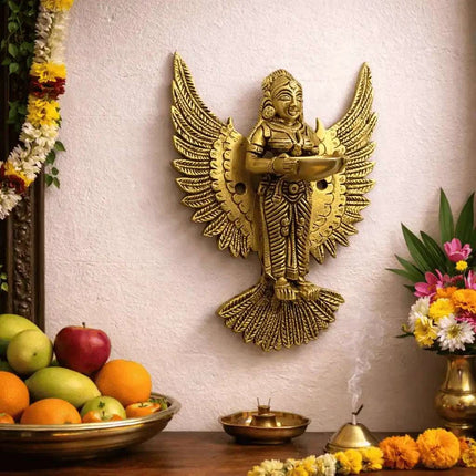 Brass Standing Deep Lakshmi Wall Hanging Idol With Wings (8 Inch)