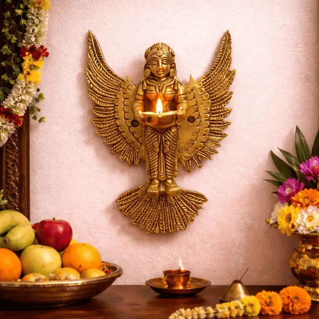 Brass Standing Deep Lakshmi Wall Hanging Idol With Wings (8 Inch)