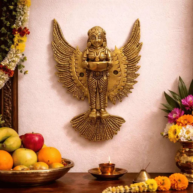 Brass Standing Deep Lakshmi Wall Hanging Idol With Wings (8 Inch)