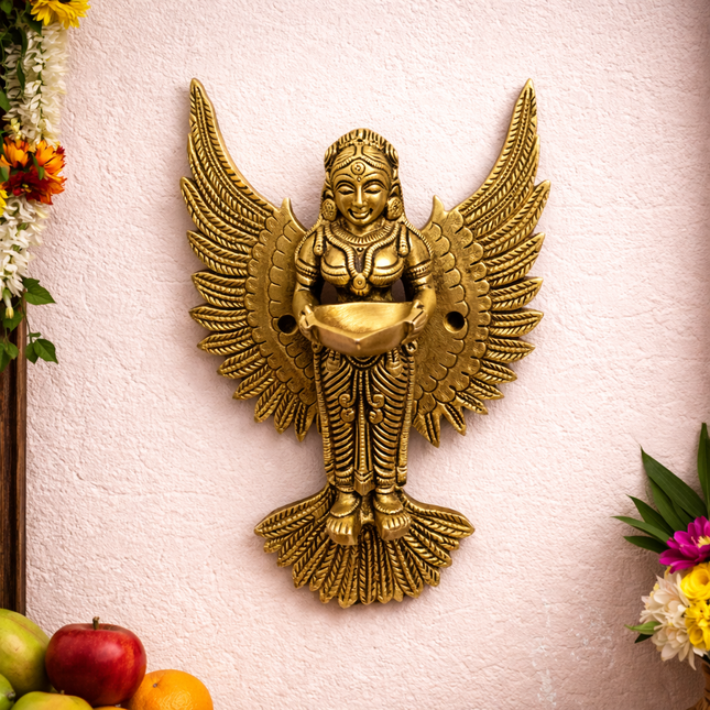 Brass Standing Deep Lakshmi Wall Hanging Idol With Wings (8 Inch)