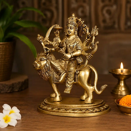 Brass Goddess Durga Sitting on Lion Statue (8 Inch)