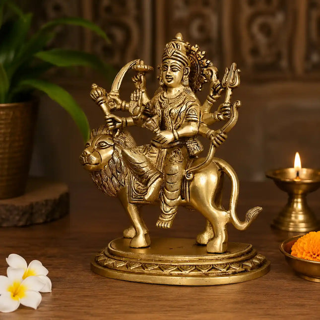 Brass Goddess Durga Sitting on Lion Statue (8 Inch)