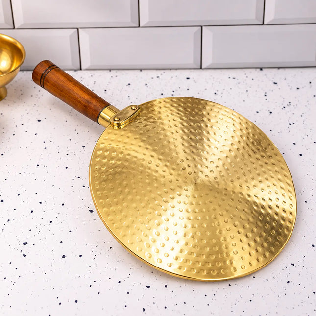 Brass Hammered Roti Tawa With Wooden Handle (14.5 Inch)