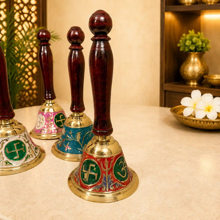 Brass Hand Painted Meenakari Handbell With Wooden Handle (7.5 Inch)