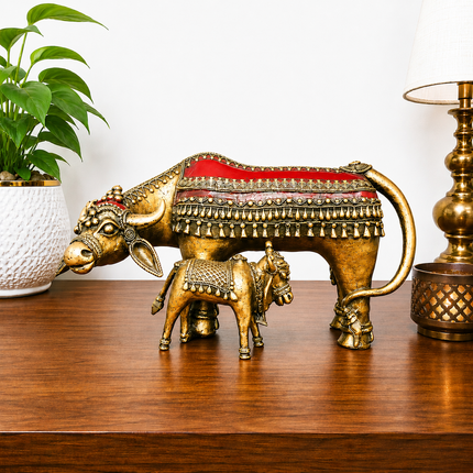 Brass Dhokra Kamdhenu Cow with Calf Statue (7 Inch)