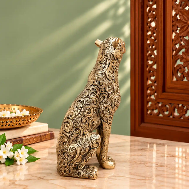 Brass Sitting Leopard / Tiger Statue (11 Inch)