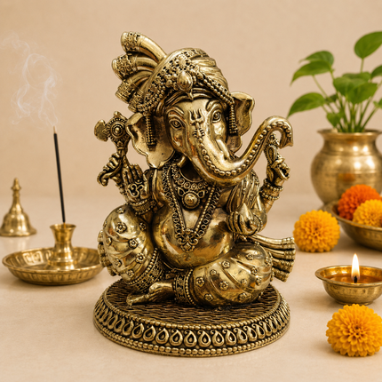 Brass Lightweight Sitting Pagdi Ganesha Idol (5 Inch)