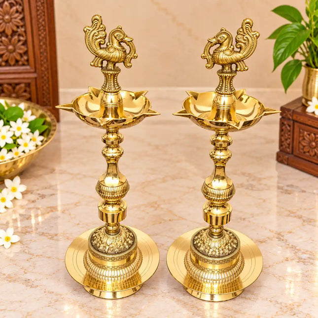Brass Peacock Samai Lamp Pair (17.5 Inch)