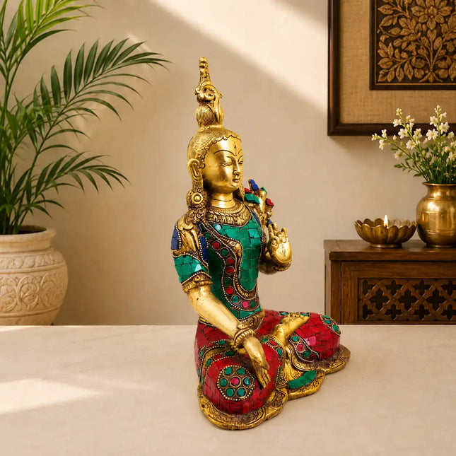 Brass Stone work Sitting Tara Devi Idol (11 Inch)