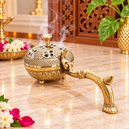 Brass Dhoop Dani & Incense Holder With Handle (3 Inch)