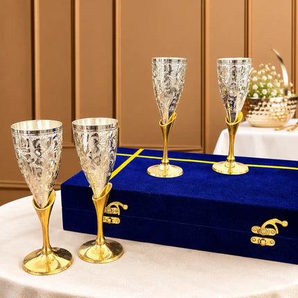 Brass Silver Plated Champagne Engraved Wine Glass Pair With Velvet Box (6.5 Inch)