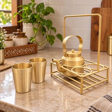 Brass Matt Tea Pot/Kettle and Cup Set With Serving Stand (9 Inch)