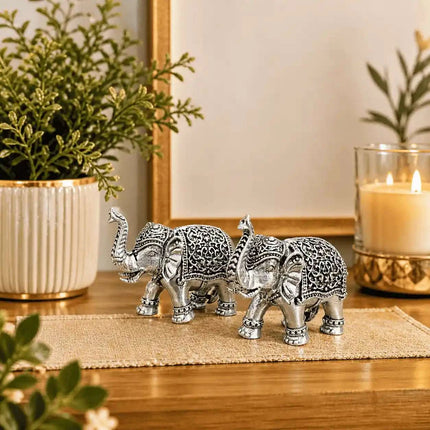 Brass Silver Plated Lightweight Elephant Lightweight Statue Pair (1.8 Inch)