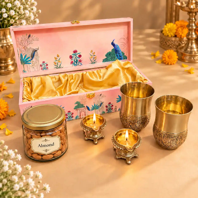 Brass Luxury Gift Hamper with Glasses & Diyas