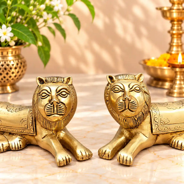 Brass Sitting Lion Statue Pair Home Decor (3.5 Inch)