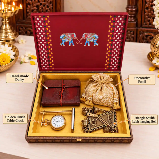 Brass Table Clock and Shubh Labh Gift/Corporate Hamper