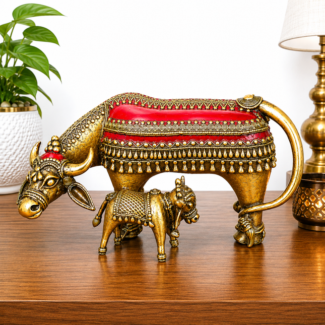 Brass Dhokra Kamdhenu Cow with Calf Statue (7 Inch)