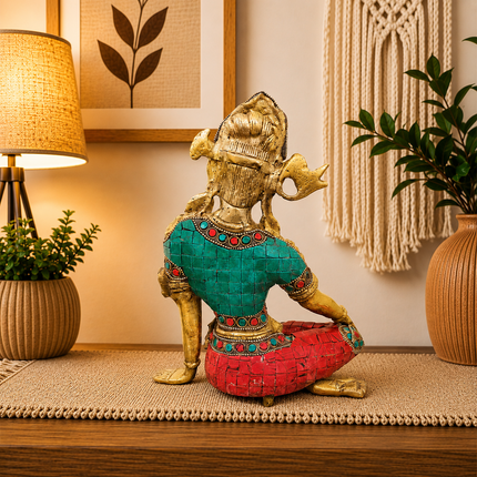Brass Stone work Sitting Indra Dev Idol (9.5 Inch)
