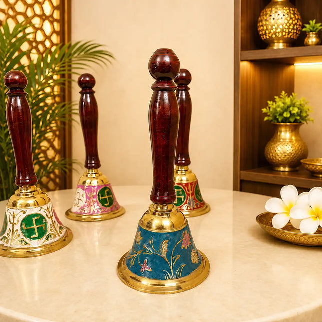 Brass Hand Painted Meenakari Handbell With Wooden Handle (7.5 Inch)