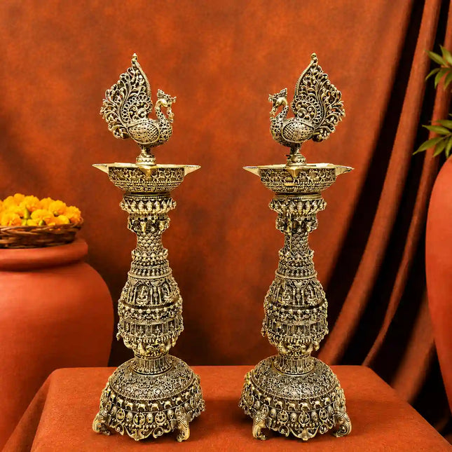 Brass Traditional Lightweight Peacock Samai/Lamp Pair