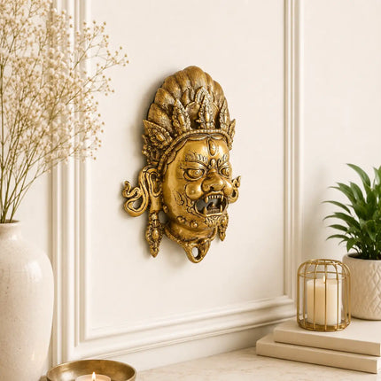 Brass Yali / Kirtimukha Face Wall Hanging (14 Inch)