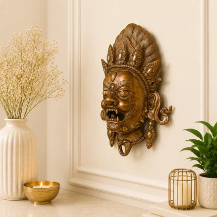 Brass Yali / Kirtimukha Face Wall Hanging (14 Inch)