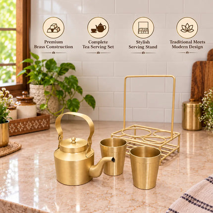 Brass Matt Tea Pot/Kettle and Cup Set With Serving Stand (9 Inch)
