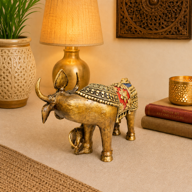 Brass Dhokra Kamdhenu Cow with Calf Statue (6.5 Inch)