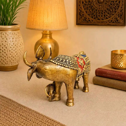 Brass Dhokra Kamdhenu Cow with Calf Statue (6.5 Inch)