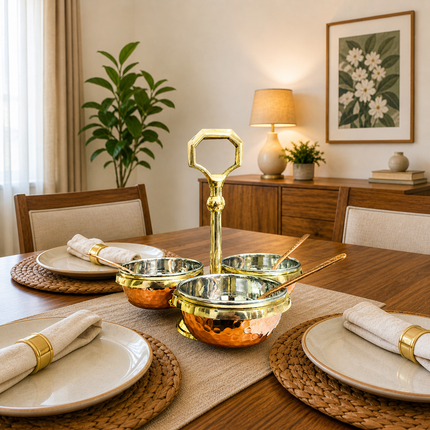 Brass Copper And Steel Pickle And Condiment Serving Set With Spoons (7 Inch)