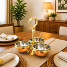 Brass Copper And Steel Pickle And Condiment Serving Set With Spoons (7 Inch)