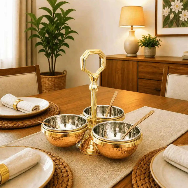 Brass Copper And Steel Pickle And Condiment Serving Set With Spoons (7 Inch)