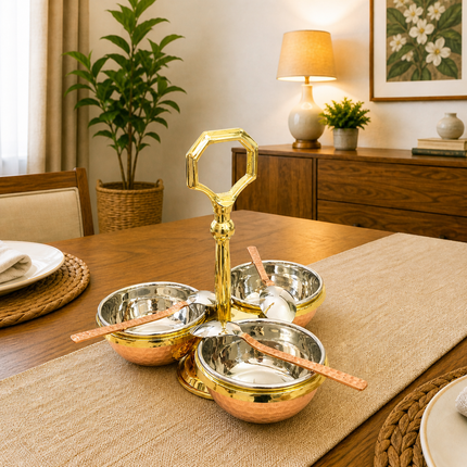 Brass Copper And Steel Pickle And Condiment Serving Set With Spoons (7 Inch)