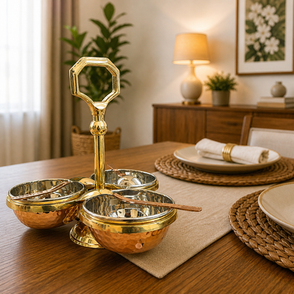 Brass Copper And Steel Pickle And Condiment Serving Set With Spoons (7 Inch)