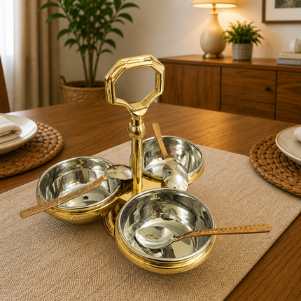Brass Copper And Steel Pickle And Condiment Serving Set With Spoons (7 Inch)