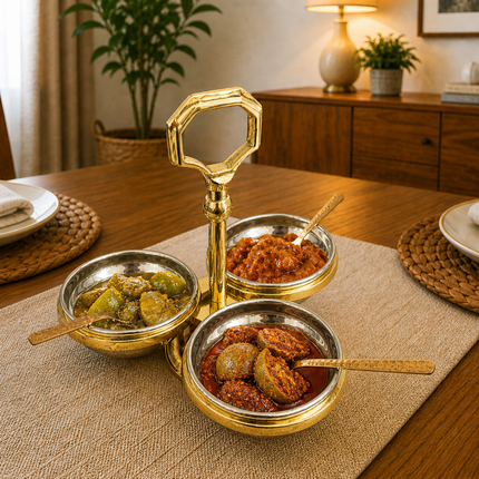 Brass Copper And Steel Pickle And Condiment Serving Set With Spoons (7 Inch)
