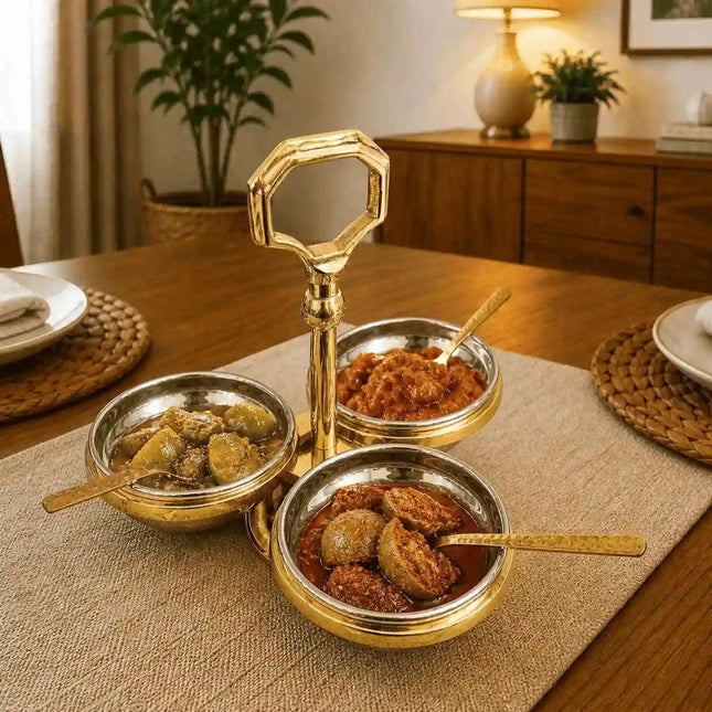Brass Copper And Steel Pickle And Condiment Serving Set With Spoons (7 Inch)