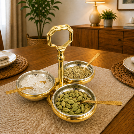 Brass Copper And Steel Pickle And Condiment Serving Set With Spoons (7 Inch)