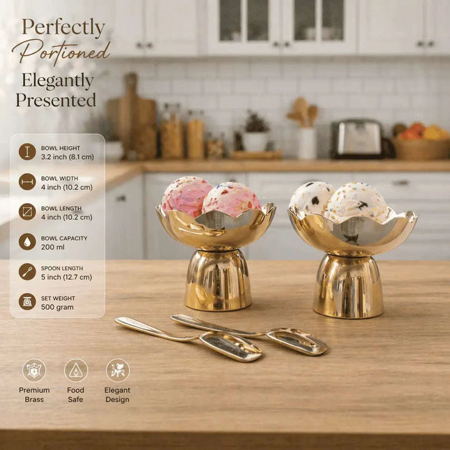 Brass Lotus Ice Cream Bowls with Spoons – Set of 2 (3.2 Inch)