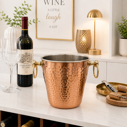 Copper And Steel Hammered Ice Bucket With Handle (6 inch)