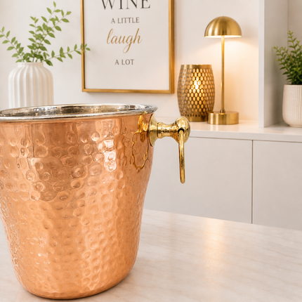Copper And Steel Hammered Ice Bucket With Handle (6 inch)