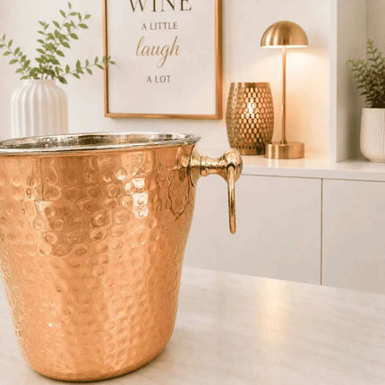 Copper And Steel Hammered Ice Bucket With Handle (6 inch)